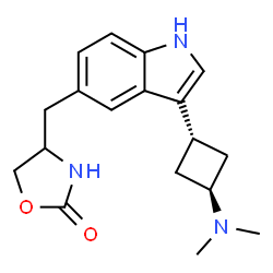 ChemSpider 2D Image | 4-({3-[trans-3-(Dimethylamino)cyclobutyl]-1H-indol-5-yl}methyl)-1,3-oxazolidin-2-one | C18H23N3O2