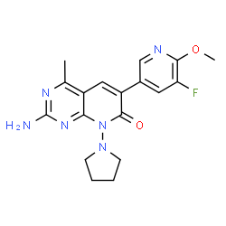 ChemSpider 2D Image | 2-Amino-6-(5-fluoro-6-methoxy-3-pyridinyl)-4-methyl-8-(1-pyrrolidinyl)pyrido[2,3-d]pyrimidin-7(8H)-one | C18H19FN6O2