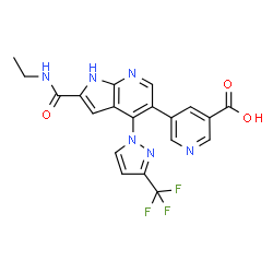 ChemSpider 2D Image | 5-{2-(Ethylcarbamoyl)-4-[3-(Trifluoromethyl)-1h-Pyrazol-1-Yl]-1h-Pyrrolo[2,3-B]pyridin-5-Yl}pyridine-3-Carboxylic Acid | C20H15F3N6O3