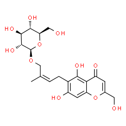 ChemSpider 2D Image | (2Z)-4-[5,7-Dihydroxy-2-(hydroxymethyl)-4-oxo-4H-chromen-6-yl]-2-methyl-2-buten-1-yl beta-D-glucopyranoside | C21H26O11