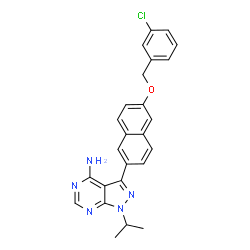 ChemSpider 2D Image | 3-{6-[(3-Chlorobenzyl)oxy]-2-naphthyl}-1-isopropyl-1H-pyrazolo[3,4-d]pyrimidin-4-amine | C25H22ClN5O