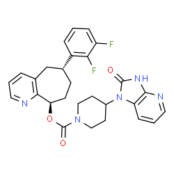 ChemSpider 2D Image | [(6R,9R)-6-(2,3-difluorophenyl)-6,7,8,9-tetrahydro-5H-cyclohepta[b]pyridin-9-yl] 4-(2-oxo-3H-imidazo[4,5-b]pyridin-1-yl)piperidine-1-carboxylate | C28H27F2N5O3