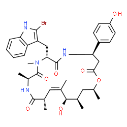 ChemSpider 2D Image | (4R,7R,10S,13S,14Z,16R,17R,19S)-7-[(2-Bromo-1H-indol-3-yl)methyl]-16-hydroxy-4-(4-hydroxyphenyl)-8,10,13,15,17,19-hexamethyl-1-oxa-5,8,11-triazacyclononadec-14-ene-2,6,9,12-tetrone | C36H45BrN4O7