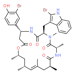 ChemSpider 2D Image | (4R,7R,10S,13S,15E,17R,19S)-4-(3-Bromo-4-hydroxyphenyl)-7-[(2-bromo-1H-indol-3-yl)methyl]-8,10,13,15,17,19-hexamethyl-1-oxa-5,8,11-triazacyclononadec-15-ene-2,6,9,12-tetrone | C36H44Br2N4O6