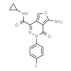 ChemSpider 2D Image | 5-Amino-N-cyclopropyl-3-(4-fluorophenyl)-4-oxo-3,4-dihydrothieno[3,4-d]pyridazine-1-carboxamide | C16H13FN4O2S