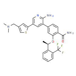 ChemSpider 2D Image | 4-(2-Amino-5-{4-[(dimethylamino)methyl]-2-thienyl}-3-pyridinyl)-2-{(1R)-1-[2-(trifluoromethyl)phenyl]ethoxy}benzamide | C28H27F3N4O2S
