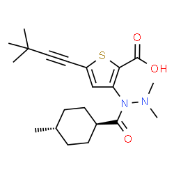 ChemSpider 2D Image | 5-(3,3-Dimethyl-1-butyn-1-yl)-3-{2,2-dimethyl-1-[(trans-4-methylcyclohexyl)carbonyl]hydrazino}-2-thiophenecarboxylic acid | C21H30N2O3S