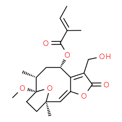 ChemSpider 2D Image | (1R,2E,8S,10R,11S)-6-(Hydroxymethyl)-11-methoxy-1,10-dimethyl-5-oxo-4,14-dioxatricyclo[9.2.1.0~3,7~]tetradeca-2,6-dien-8-yl (2E)-2-methyl-2-butenoate | C21H28O7