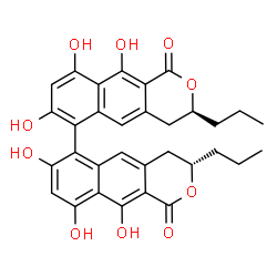 ChemSpider 2D Image | (3S,3'S)-7,7',9,9',10,10'-Hexahydroxy-3,3'-dipropyl-3,3',4,4'-tetrahydro-1H,1'H-6,6'-bibenzo[g]isochromene-1,1'-dione | C32H30O10