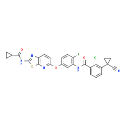 ChemSpider 2D Image | 2-Chloro-3-(1-cyanocyclopropyl)-N-[5-({2-[(cyclopropylcarbonyl)amino][1,3]thiazolo[5,4-b]pyridin-5-yl}oxy)-2-fluorophenyl]benzamide | C27H19ClFN5O3S