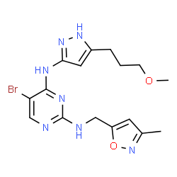 ChemSpider 2D Image | 5-Bromo-N~4~-[3-(3-Methoxypropyl)-1h-Pyrazol-5-Yl]-N~2~-[(3-Methyl-1,2-Oxazol-5-Yl)methyl]pyrimidine-2,4-Diamine | C16H20BrN7O2