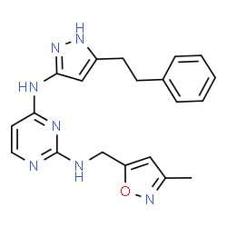 ChemSpider 2D Image | N~2~-[(3-Methyl-1,2-oxazol-5-yl)methyl]-N~4~-[5-(2-phenylethyl)-1H-pyrazol-3-yl]-2,4-pyrimidinediamine | C20H21N7O