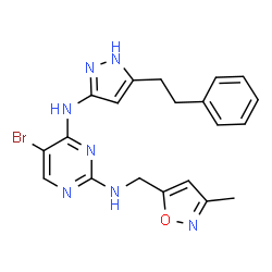 ChemSpider 2D Image | 5-Bromo-N~2~-[(3-Methyl-1,2-Oxazol-5-Yl)methyl]-N~4~-[3-(2-Phenylethyl)-1h-Pyrazol-5-Yl]pyrimidine-2,4-Diamine | C20H20BrN7O