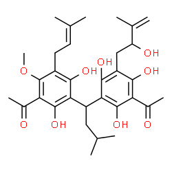 ChemSpider 2D Image | 1-[3-{1-[3-Acetyl-2,6-dihydroxy-4-methoxy-5-(3-methyl-2-buten-1-yl)phenyl]-3-methylbutyl}-2,4,6-trihydroxy-5-(2-hydroxy-3-methyl-3-buten-1-yl)phenyl]ethanone | C32H42O9