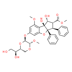 ChemSpider 2D Image | Methyl (1R,2R,3S,3aR,8bS)-6-({(2S,3R,6R)-6-[(1S)-1,2-dihydroxyethyl]-3-methoxy-1,4-dioxan-2-yl}oxy)-1,8b-dihydroxy-8-methoxy-3,3a-diphenyl-2,3,3a,8b-tetrahydro-1H-benzo[b]cyclopenta[d]furan-2-carboxyl
ate | C33H36O12