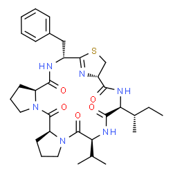 ChemSpider 2D Image | (2R,5S,11S,17S,20S,23S)-2-Benzyl-20-[(2S)-2-butanyl]-17-isopropyl-25-thia-3,9,15,18,21,26-hexaazatetracyclo[21.2.1.0~5,9~.0~11,15~]hexacos-1(26)-ene-4,10,16,19,22-pentone | C33H46N6O5S