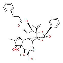 ChemSpider 2D Image | (1R,2R,6S,7S,8R,10S,11S,12R,14S,16S,17R,18R)-6,7-Dihydroxy-8-(hydroxymethyl)-16-isopropenyl-4,18-dimethyl-5-oxo-14-phenyl-9,13,15,19-tetraoxahexacyclo[12.4.1.0~1,11~.0~2,6~.0~8,10~.0~12,16~]nonadec-3-
en-17-yl (2E)-3-phenylacrylate | C36H36O10