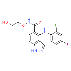ChemSpider 2D Image | 4-[(2-Fluoro-4-iodophenyl)amino]-N-(2-hydroxyethoxy)-1H-indazole-5-carboxamide | C16H14FIN4O3