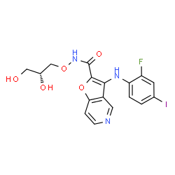 ChemSpider 2D Image | N-[(2R)-2,3-Dihydroxypropoxy]-3-[(2-fluoro-4-iodophenyl)amino]furo[3,2-c]pyridine-2-carboxamide | C17H15FIN3O5