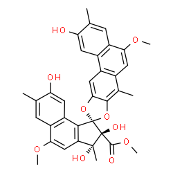 ChemSpider 2D Image | Methyl (1R,2S,3R)-2,2',3,8-tetrahydroxy-5,5'-dimethoxy-3,3',7,7'-tetramethyl-2,3-dihydrospiro[cyclopenta[a]naphthalene-1,9'-phenanthro[2,3-d][1,3]dioxole]-2-carboxylate | C35H32O10