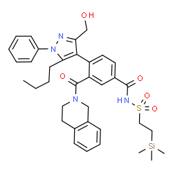 ChemSpider 2D Image | 4-[5-Butyl-3-(hydroxymethyl)-1-phenyl-1H-pyrazol-4-yl]-3-(3,4-dihydro-2(1H)-isoquinolinylcarbonyl)-N-{[2-(trimethylsilyl)ethyl]sulfonyl}benzamide | C36H44N4O5SSi