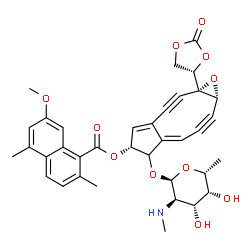 ChemSpider 2D Image | (1aS,5R,6aE,9aR)-6-{[2,6-Dideoxy-2-(methylamino)-alpha-D-galactopyranosyl]oxy}-1a-[(4S)-2-oxo-1,3-dioxolan-4-yl]-2,3,8,9-tetradehydro-1a,5,6,9a-tetrahydrocyclopenta[5,6]cyclonona[1,2-b]oxiren-5-yl 7-m
ethoxy-2,5-dimethyl-1-naphthoate | C36H35NO11