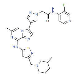 ChemSpider 2D Image | N-(3-Fluoro-4-pyridinyl)-2-{4-[6-methyl-8-({3-[(3-methyl-1-piperidinyl)methyl]-1,2-thiazol-5-yl}amino)imidazo[1,2-a]pyrazin-3-yl]-1H-pyrazol-1-yl}acetamide | C27H29FN10OS