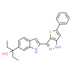 ChemSpider 2D Image | 3-[2-(5-Phenyl-1H-thieno[3,2-c]pyrazol-3-yl)-1H-indol-6-yl]-3-pentanol | C24H23N3OS