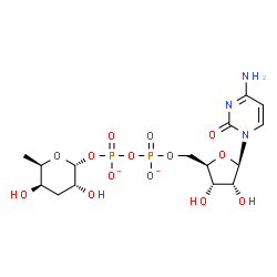 ChemSpider 2D Image | [[(2R,3S,4R,5R)-5-(4-amino-2-oxo-pyrimidin-1-yl)-3,4-dihydroxy-tetrahydrofuran-2-yl]methoxy-oxido-phosphoryl] [(2R,3R,5R,6R)-3,5-dihydroxy-6-methyl-tetrahydropyran-2-yl] phosphate | C15H23N3O14P2