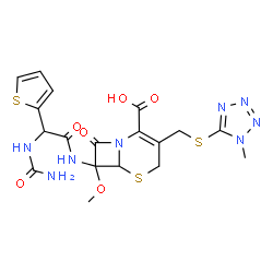 ChemSpider 2D Image | 7-{[(Carbamoylamino)(2-thienyl)acetyl]amino}-7-methoxy-3-{[(1-methyl-1H-tetrazol-5-yl)sulfanyl]methyl}-8-oxo-5-thia-1-azabicyclo[4.2.0]oct-2-ene-2-carboxylic acid | C18H20N8O6S3