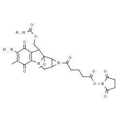 ChemSpider 2D Image | (6-Amino-1-{5-[(2,5-dioxo-1-pyrrolidinyl)oxy]-5-oxopentanoyl}-8a-methoxy-5-methyl-4,7-dioxo-1,1a,2,4,7,8,8a,8b-octahydroazireno[2',3':3,4]pyrrolo[1,2-a]indol-8-yl)methyl carbamate | C24H27N5O10