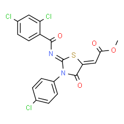 ChemSpider 2D Image | Methyl (2Z)-{(2Z)-3-(4-chlorophenyl)-2-[(2,4-dichlorobenzoyl)imino]-4-oxo-1,3-thiazolidin-5-ylidene}acetate | C19H11Cl3N2O4S