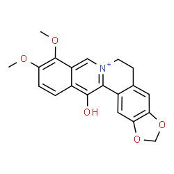 ChemSpider 2D Image | 13-Hydroxy-9,10-dimethoxy-5,6-dihydro[1,3]dioxolo[4,5-g]isoquinolino[3,2-a]isoquinolin-7-ium | C20H18NO5