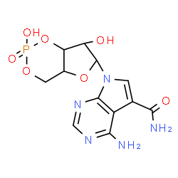ChemSpider 2D Image | 4-Amino-7-(2,7-dihydroxy-2-oxidotetrahydro-4H-furo[3,2-d][1,3,2]dioxaphosphinin-6-yl)-7H-pyrrolo[2,3-d]pyrimidine-5-carboxamide | C12H14N5O7P