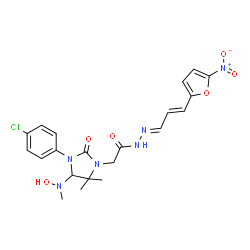 ChemSpider 2D Image | 2-{3-(4-Chlorophenyl)-4-[hydroxy(methyl)amino]-5,5-dimethyl-2-oxo-1-imidazolidinyl}-N'-[(1E,2E)-3-(5-nitro-2-furyl)-2-propen-1-ylidene]acetohydrazide | C21H23ClN6O6