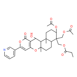 ChemSpider 2D Image | [3-Acetoxy-4-(acetoxymethyl)-12-hydroxy-6a,12b-dimethyl-11-oxo-9-(3-pyridinyl)-1,3,4,4a,5,6,6a,12,12a,12b-decahydro-2H,11H-benzo[f]pyrano[4,3-b]chromen-4-yl]methyl propionate | C32H39NO10