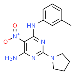 ChemSpider 2D Image | N-(3-Methylphenyl)-5-nitro-2-(1-pyrrolidinyl)-4,6-pyrimidinediamine | C15H18N6O2