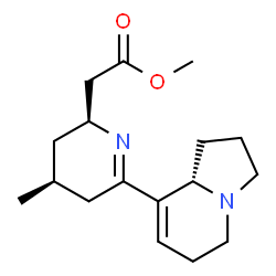 ChemSpider 2D Image | Methyl {(2S,4S)-6-[(8aS)-1,2,3,5,6,8a-hexahydro-8-indolizinyl]-4-methyl-2,3,4,5-tetrahydro-2-pyridinyl}acetate | C17H26N2O2