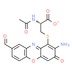 ChemSpider 2D Image | (2R)-2-Acetamido-3-[(2-amino-8-formyl-3-oxo-3H-phenoxazin-1-yl)sulfanyl]propanoate | C18H14N3O6S