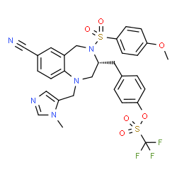 ChemSpider 2D Image | 4-({(3R)-7-Cyano-4-[(4-methoxyphenyl)sulfonyl]-1-[(1-methyl-1H-imidazol-5-yl)methyl]-2,3,4,5-tetrahydro-1H-1,4-benzodiazepin-3-yl}methyl)phenyl trifluoromethanesulfonate | C30H28F3N5O6S2