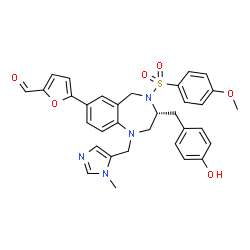 ChemSpider 2D Image | 5-{(3R)-3-(4-Hydroxybenzyl)-4-[(4-methoxyphenyl)sulfonyl]-1-[(1-methyl-1H-imidazol-5-yl)methyl]-2,3,4,5-tetrahydro-1H-1,4-benzodiazepin-7-yl}-2-furaldehyde | C33H32N4O6S