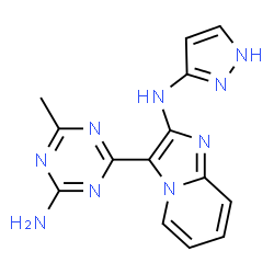 ChemSpider 2D Image | 3-(4-Amino-6-methyl-1,3,5-triazin-2-yl)-N-(1H-pyrazol-3-yl)imidazo[1,2-a]pyridin-2-amine | C14H13N9