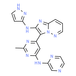 ChemSpider 2D Image | 3-[2-Methyl-6-(2-pyrazinylamino)-4-pyrimidinyl]-N-(1H-pyrazol-3-yl)imidazo[1,2-b]pyridazin-2-amine | C18H15N11
