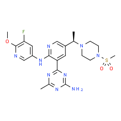 ChemSpider 2D Image | 4-{2-[(5-fluoro-6-methoxypyridin-3-yl)amino]-5-[(1R)-1-(4-methanesulfonylpiperazin-1-yl)ethyl]pyridin-3-yl}-6-methyl-1,3,5-triazin-2-amine | C22H28FN9O3S