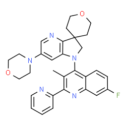 ChemSpider 2D Image | 1'-[7-Fluoro-3-methyl-2-(2-pyridinyl)-4-quinolinyl]-6'-(4-morpholinyl)-1',2,2',3,5,6-hexahydrospiro[pyran-4,3'-pyrrolo[3,2-b]pyridine] | C30H30FN5O2