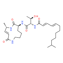 ChemSpider 2D Image | (2E,4E)-N-[(2S,3R)-3-Hydroxy-1-{[(3E,5S,8S)-5-methyl-2,7-dioxo-1,6-diazacyclododec-3-en-8-yl]amino}-1-oxo-2-butanyl]-11-methyl-2,4-dodecadienamide | C28H46N4O5