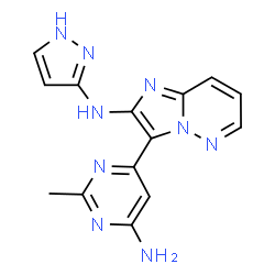 ChemSpider 2D Image | 3-(6-Amino-2-methyl-4-pyrimidinyl)-N-(1H-pyrazol-3-yl)imidazo[1,2-b]pyridazin-2-amine | C14H13N9