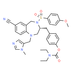 ChemSpider 2D Image | 4-({(3R)-7-Cyano-4-[(4-methoxyphenyl)sulfonyl]-1-[(1-methyl-1H-imidazol-5-yl)methyl]-2,3,4,5-tetrahydro-1H-1,4-benzodiazepin-3-yl}methyl)phenyl diethylcarbamate | C34H38N6O5S