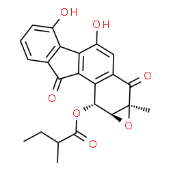 ChemSpider 2D Image | (1aS,10R,10aS)-4,5-Dihydroxy-1a-methyl-2,9-dioxo-2,9,10,10a-tetrahydro-1aH-indeno[1',2':7,8]naphtho[2,3-b]oxiren-10-yl 2-methylbutanoate | C23H20O7