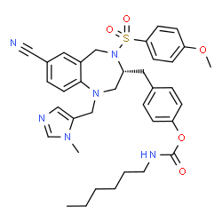 ChemSpider 2D Image | 4-({(3R)-7-Cyano-4-[(4-methoxyphenyl)sulfonyl]-1-[(1-methyl-1H-imidazol-5-yl)methyl]-2,3,4,5-tetrahydro-1H-1,4-benzodiazepin-3-yl}methyl)phenyl hexylcarbamate | C36H42N6O5S